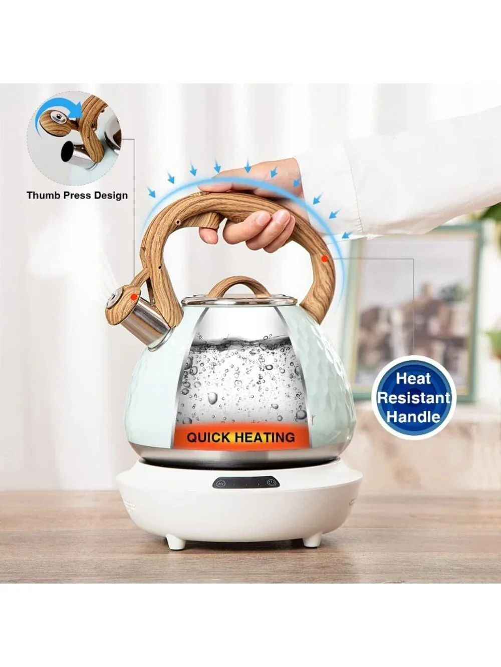 Light Green Kitchen Whistling Tea Kettle 2.7-QT Stainless Steel Diamond Design